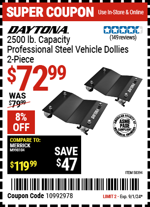 Buy the DAYTONA 2500 lb. Capacity Professional Steel Vehicle Dollies, 2-Piece (Item 58394) for $72.99, valid through 9/1/2024.