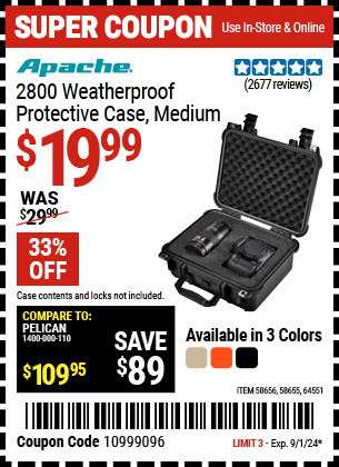 Buy the APACHE 2800 Weatherproof Protective Case, Medium (Item 58655/58656/64551) for $19.99, valid through 9/1/2024.