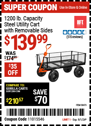 Buy the HFT 1200 lb. Capacity Steel Utility Cart with Removable Sides (Item 58473) for $139.99, valid through 9/1/2024.