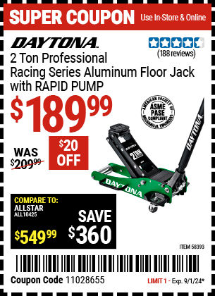 Buy the DAYTONA 2 Ton Professional Racing Series Aluminum Floor Jack (Item 58393) for $189.99, valid through 9/1/2024.