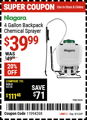 Buy the NIAGARA 4 Gallon Backpack Chemical Sprayer (Item 56645) for $39.99, valid through 9/1/2024.