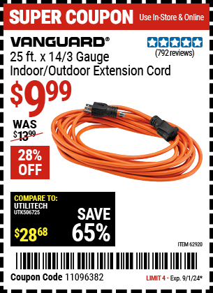 Buy the VANGUARD 25 ft. x 14/3 Gauge Indoor/Outdoor Extension Cord (Item 62920) for $9.99, valid through 9/1/2024.