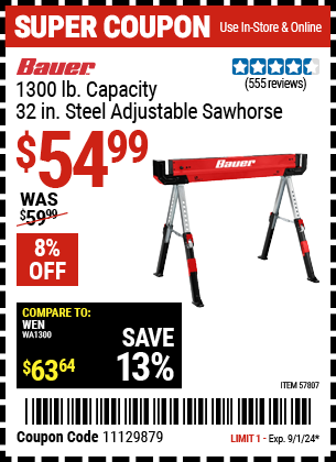 Buy the BAUER 1300 lb. Capacity Steel Sawhorse (Item 57807) for $54.99, valid through 9/1/2024.