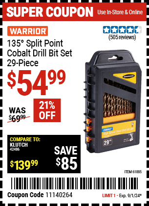 Buy the WARRIOR 135° Split Point Cobalt Drill Bit Set 29 Pc. (Item 61885) for $54.99, valid through 9/1/2024.