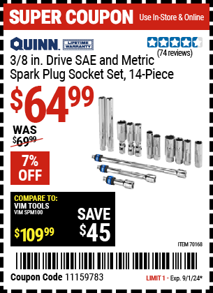 Buy the QUINN 3/8 in. Drive SAE and Metric Spark Plug Socket Set, 14-Piece (Item 70168) for $64.99, valid through 9/1/2024.