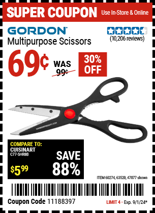 Buy the GORDON Multipurpose Scissors (Item 47877/60274/63520) for $0.69, valid through 9/1/2024.