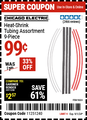 Buy the CHICAGO ELECTRIC Heat Shrink Tubing Assortment, 9 Piece (Item 96024) for $0.99, valid through 9/1/2024.