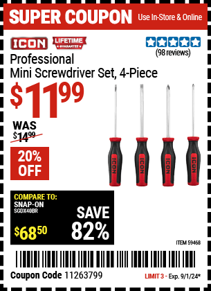 Buy the ICON Professional Mini Screwdriver Set, 4-Piece (Item 59468) for $11.99, valid through 9/1/2024.