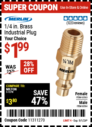 Buy the MERLIN 1/4 in. Brass Industrial Plug (Item 63563/63564) for $1.99, valid through 9/1/2024.