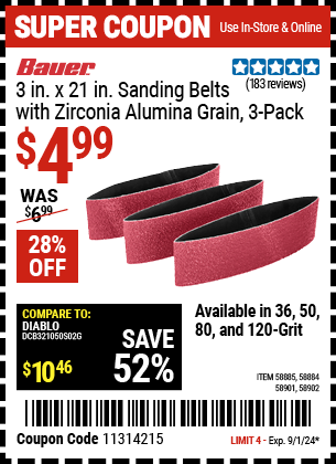 Buy the BAUER 3 in. x 21 in., Sanding Belts with Zirconia Alumina Grain, 3-Pack (Item 58884/58885/58901/58902) for $4.99, valid through 9/1/2024.