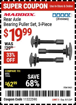 Buy the MADDOX Rear Axle Bearing Puller Set, 3-Piece (Item 59821) for $19.99, valid through 9/1/2024.