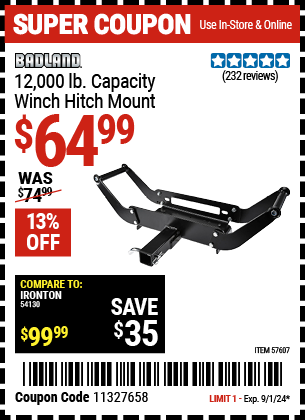 Buy the BADLAND 12 -000 lb. Winch Hitch Mount (Item 57607) for $64.99, valid through 9/1/2024.