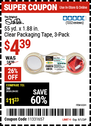 Buy the STIKTEK 1.88 in. x 55 Yards Clear Packaging Tape 3 Pk. (Item 63241) for $4.39, valid through 9/1/2024.