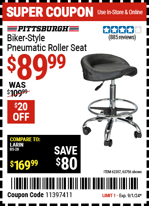 Buy the PITTSBURGH AUTOMOTIVE Biker-Style Pneumatic Roller Seat (Item 63756/62357) for $89.99, valid through 9/1/2024.