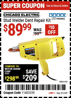 Buy the CHICAGO ELECTRIC Stud Welder Dent Repair Kit (Item 61433) for $89.99, valid through 9/1/2024.