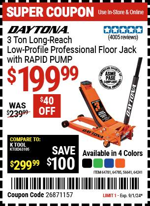 Buy the DAYTONA 3 Ton Long-Reach Low-Profile Professional Floor Jack with RAPID PUMP (Item 56641/64241/64781/64785) for $199.99, valid through 9/1/2024.