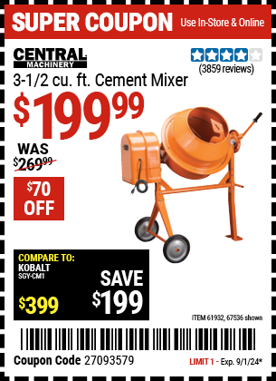 Buy the CENTRAL MACHINERY 3-1/2 Cubic ft. Cement Mixer (Item 67536/61932) for $199.99, valid through 9/1/2024.