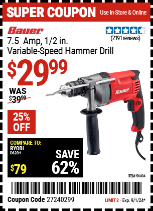 Buy the BAUER 7.5 Amp, 1/2 in. Variable-Speed Hammer Drill/Driver (Item 56404) for $29.99, valid through 9/1/2024.