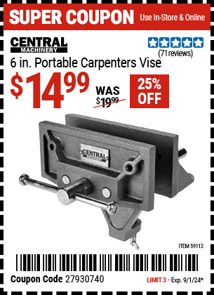 Buy the CENTRAL MACHINERY 6 in. Portable Carpenters Vise (Item 59112) for $14.99, valid through 9/1/2024.