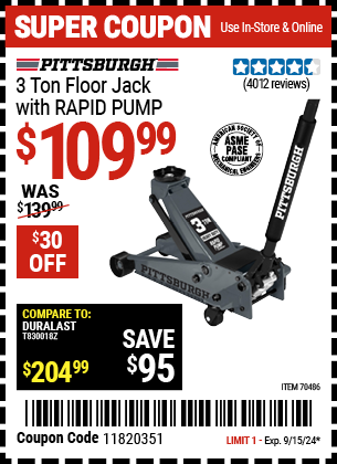 Buy the PITTSBURGH 3 Ton Floor Jack with RAPID PUMP, Slate Gray (Item 70486) for $109.99, valid through 9/15/2024.