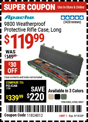 Buy the APACHE 9800 Weatherproof Protective Rifle Case (Item 64520/58657/64520) for $119.99, valid through 9/15/2024.