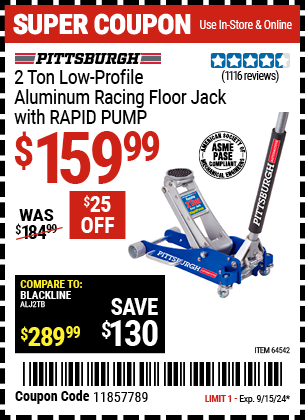 Buy the PITTSBURGH AUTOMOTIVE 2 Ton Aluminum Rapid Pump Racing Floor Jack (Item 64542) for $159.99, valid through 9/15/2024.