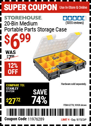 Buy the STOREHOUSE 20-Bin Medium Portable Parts Storage Case (Item 93928/62778) for $6.99, valid through 9/15/2024.