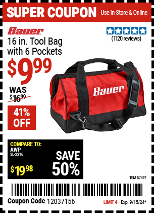 Buy the BAUER 16 in. Tool Bag With 6 Pockets (Item 57487) for $9.99, valid through 9/15/2024.