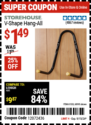 Buy the STOREHOUSE V-Shape Hang-All (Item 68995/61533) for $1.49, valid through 9/15/2024.