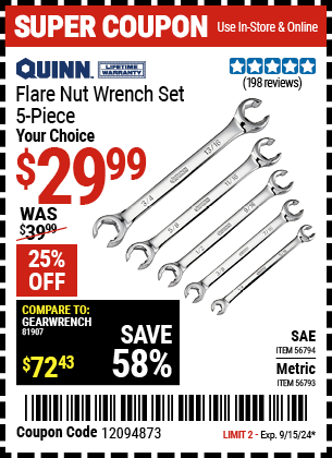 Buy the QUINN Metric Flare Nut Wrench Set, 5 Pc. (Item 56793/56794) for $29.99, valid through 9/15/2024.