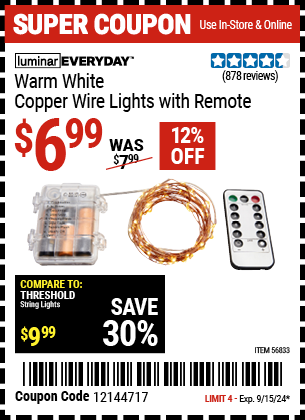 Buy the LUMINAR EVERYDAY Warm White Copper Wire Lights With Remote (Item 56833) for $6.99, valid through 9/15/2024.