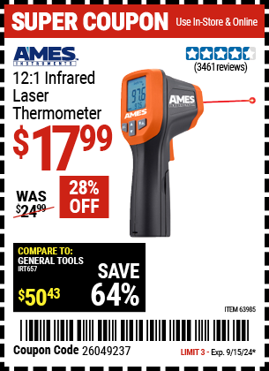 Buy the AMES 12:1 Infrared Laser Thermometer (Item 63985) for $17.99, valid through 9/15/2024.