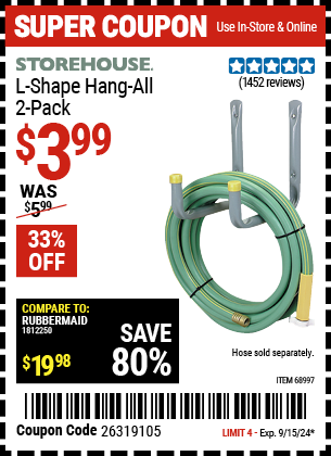 Buy the STOREHOUSE L-Shape Hang-All 2 Pk. (Item 68997) for $3.99, valid through 9/15/2024.