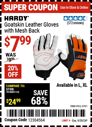 Buy the HARDY Goatskin Leather Gloves with Mesh Back (Item 57511/57512) for $7.99, valid through 9/29/2024.