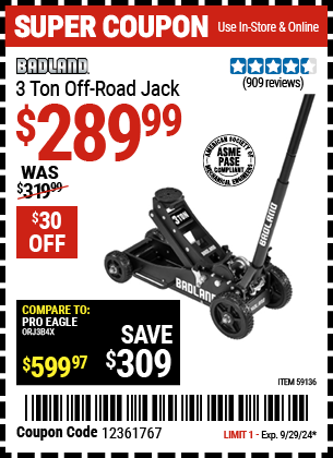 Buy the BADLAND 3 Ton Off-Road Jack (Item 59136) for $289.99, valid through 9/29/2024.