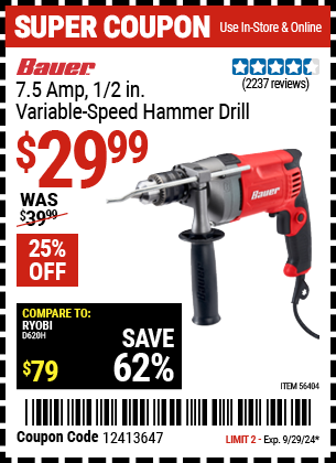 Buy the BAUER 7.5 Amp, 1/2 in. Variable-Speed Hammer Drill (Item 56404) for $29.99, valid through 9/29/2024.