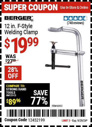 Buy the BERGER 12 in. F-Style Welding Clamp (Item 63512) for $19.99, valid through 9/29/2024.