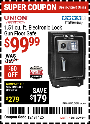 Buy the UNION SAFE COMPANY 1.51 cu. ft. Electronic Lock Gun Floor Safe (Item 64009/64010) for $99.99, valid through 9/29/2024.