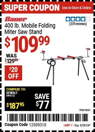 Buy the BAUER 400 lb. Mobile Miter Saw Stand (Item 58654) for $109.99, valid through 9/29/2024.