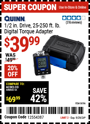 Buy the QUINN 1/2 in. Drive Digital Torque Adapter (Item 58706) for $39.99, valid through 9/29/2024.