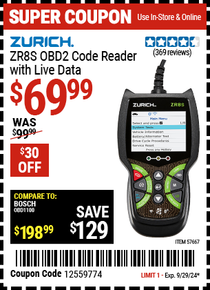 Buy the ZURICH ZR8s OBD2 Code Reader with Live Data (Item 57667) for $69.99, valid through 9/29/2024.