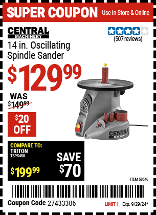 Buy the CENTRAL MACHINERY 14 in. Oscillating Spindle Sander (Item 58546) for $129.99, valid through 9/29/2024.