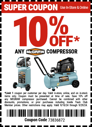 Save 10% Off Any MCGRAW Compressor, valid through 9/29/2024.