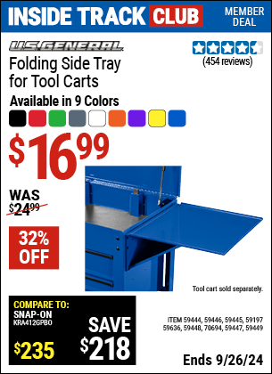 Inside Track Club members can Buy the U.S. GENERAL Side Tray for 5-Drawer Mechanics Cart and 6-Drawer Full-Bank Cart (Item 59197/70694/59446/59447/59448/59449/59445/59444/59636) for $16.99, valid through 9/26/2024.