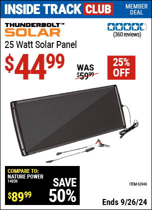 Inside Track Club members can Buy the THUNDERBOLT 25 Watt Solar Panel (Item 63940) for $44.99, valid through 9/26/2024.