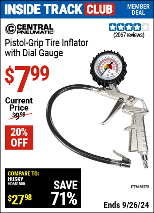 Inside Track Club members can Buy the CENTRAL PNEUMATIC Pistol Grip Tire Inflator with Dial Gauge (Item 68270) for $7.99, valid through 9/26/2024.