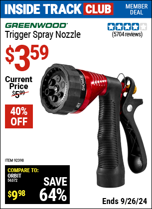 Inside Track Club members can Buy the GREENWOOD Trigger Spray Nozzle (Item 92398) for $3.59, valid through 9/26/2024.