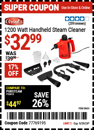 Buy the GRANT'S 1200 Watt Handheld Steam Cleaner (Item 58653) for $32.99, valid through 9/29/2024.