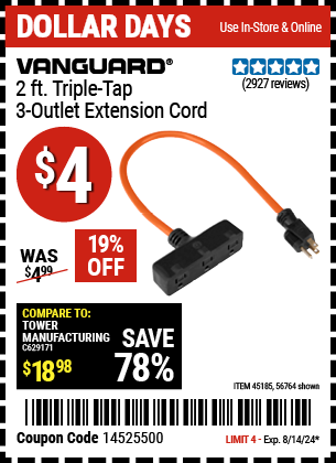 Buy the Vanguard 2 ft. Triple Tap 3-Outlet Extension Cord (Item 56764/45185) for $4, valid through 8/14/24.