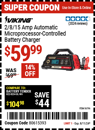 Buy the VIKING 2/8/15 Amp Automatic Microprocessor Controlled Battery Charger (Item 56796) for $59.99, valid through 8/11/2024.